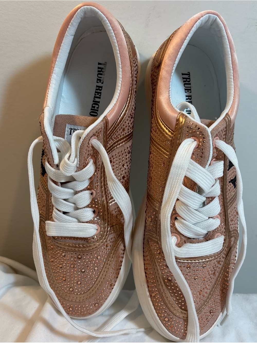 True Religion Metallic Rose Gold Rhinestone Lace-Up Sneakers
